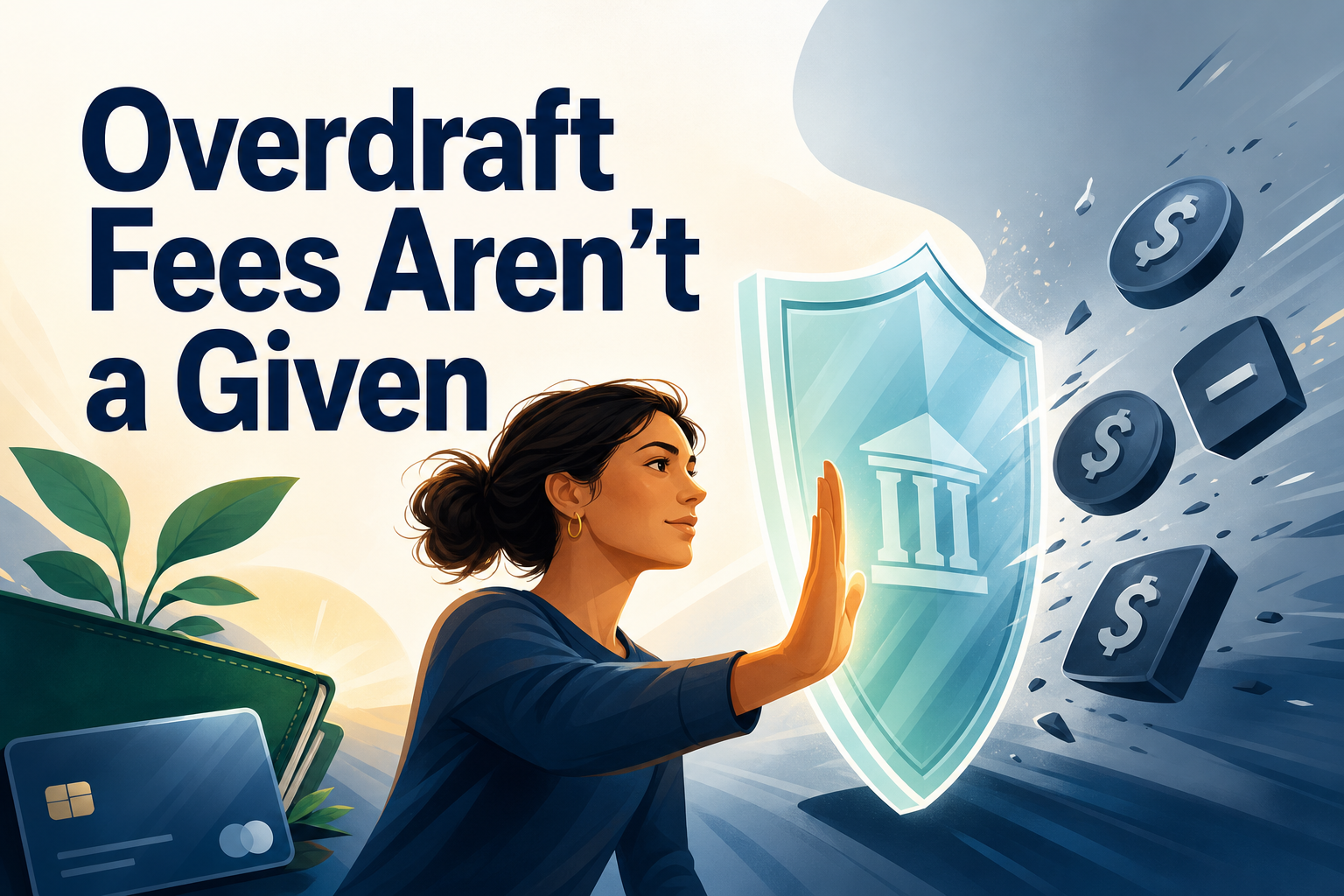 A woman with dark hair is reaching out with her hand towards a large shield featuring a bank symbol, while dollar signs and negative symbols float around her. The text "Overdraft Fees Aren’t a Given" is prominently displayed in bold letters.