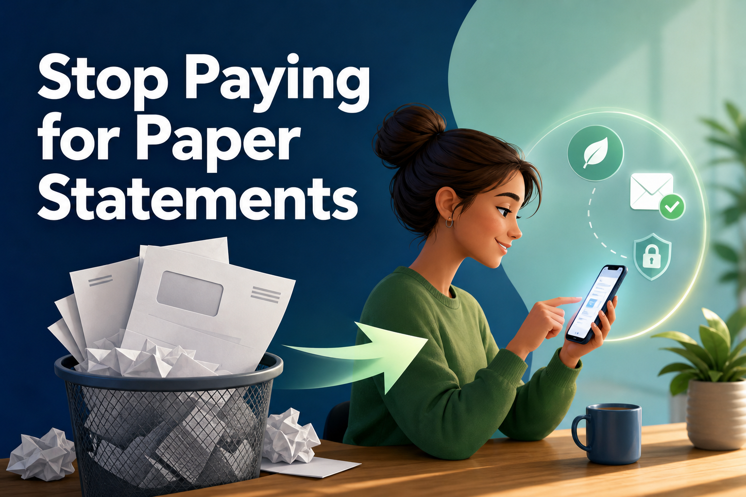 A young woman with brown hair is sitting at a wooden table, holding a smartphone and smiling. In front of her is a trash bin filled with crumpled paper, and there are icons representing digital communication and security around her.