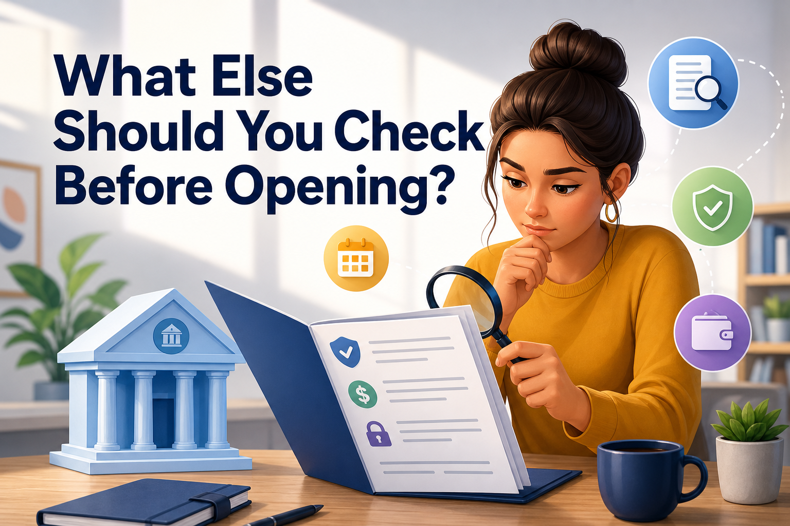 A young woman with a bun is sitting at a desk, examining a document with a magnifying glass. Next to her are a blue model of a building, a notebook, a coffee cup, and various icons representing tasks or checks related to opening something.