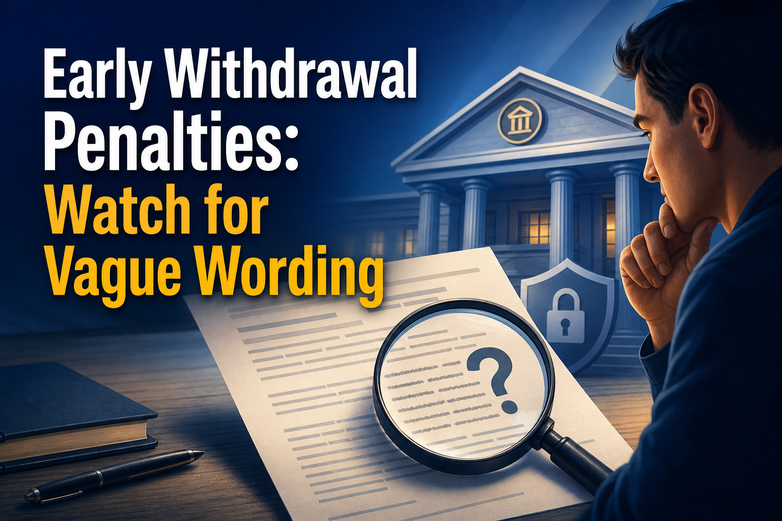 A man is sitting at a table, looking thoughtfully at a document under a magnifying glass that highlights a question mark. In the background, there is a building resembling a courthouse and a shield symbol, suggesting themes of law and security.
