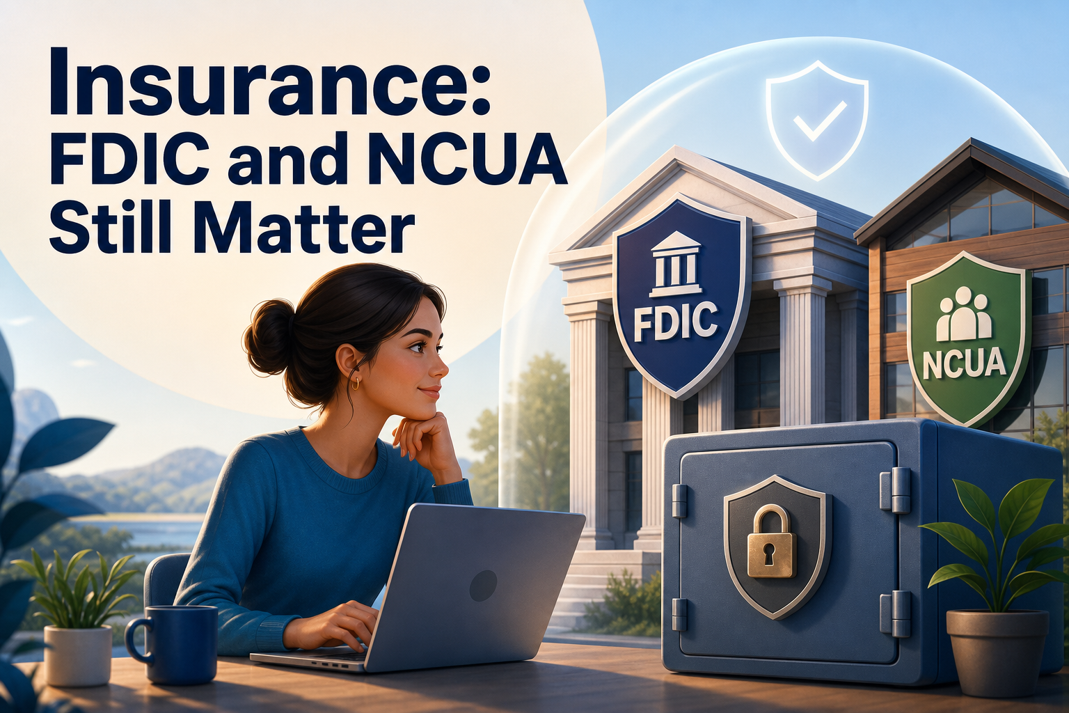 A woman with dark hair in a blue sweater sits at a desk with a laptop, looking thoughtfully at the screen. In the background, there are buildings displaying the FDIC and NCUA logos, alongside a blue safe with a lock and a small plant.