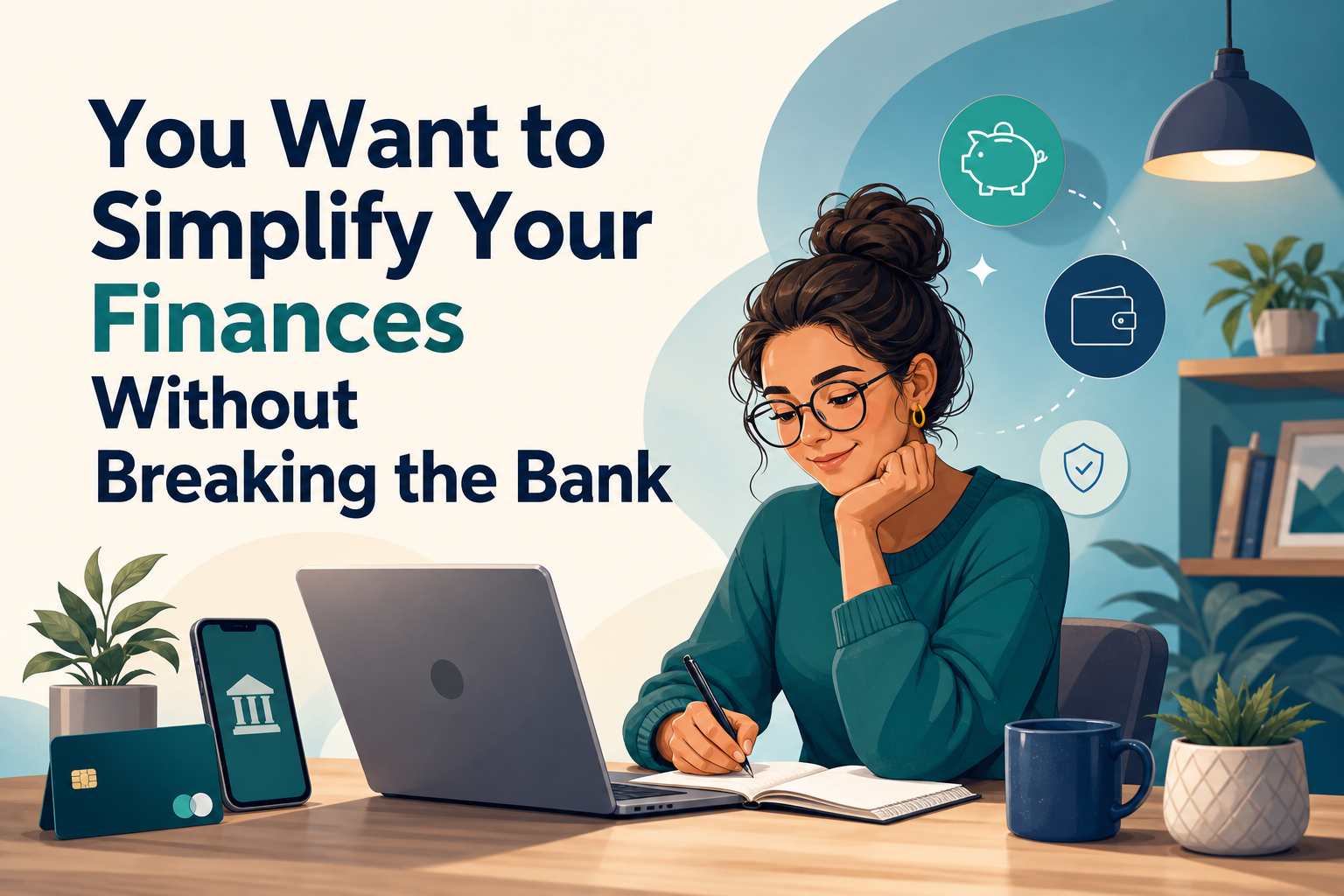 A woman with glasses and a bun is sitting at a desk, writing in a notebook while looking at a laptop. Surrounding her are icons representing finance, including a piggy bank and a wallet, alongside plants and a coffee mug.