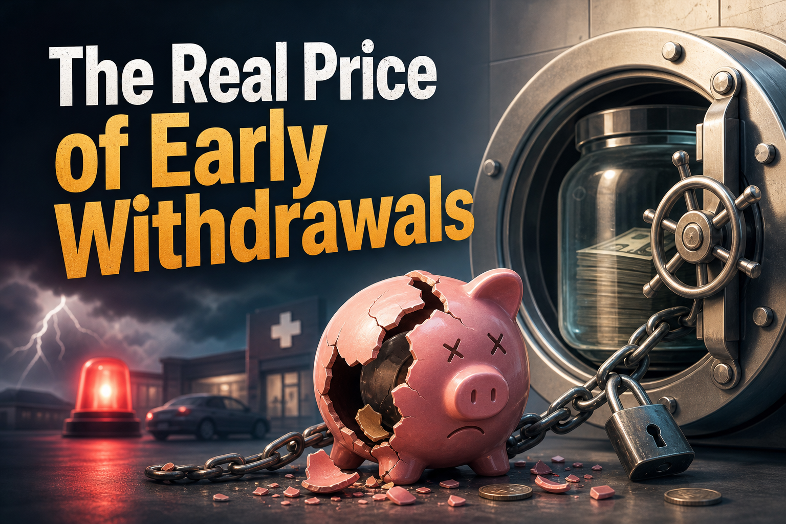 A cracked pink piggy bank sits chained next to a vault with a glass jar of cash inside. The background features a red emergency light and a building, suggesting urgency and financial distress.