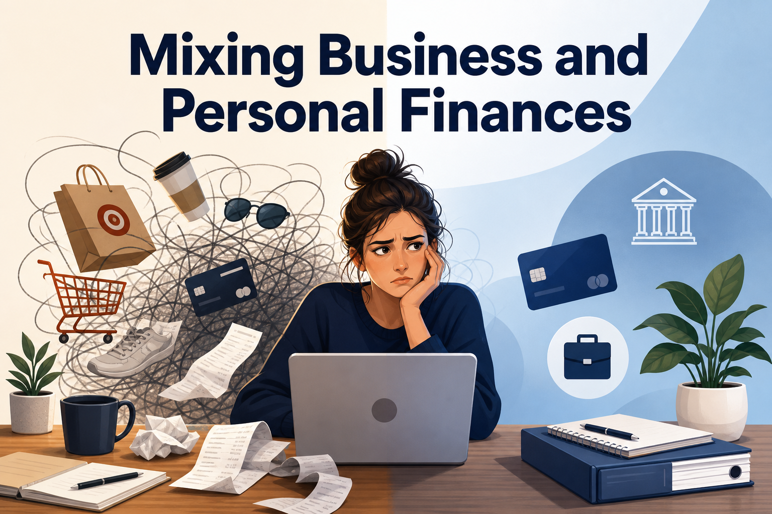 A woman with dark hair sits at a desk, looking worried while working on a laptop. Surrounding her are various items like shopping bags, receipts, and credit cards, symbolizing the confusion of mixing personal and business finances.