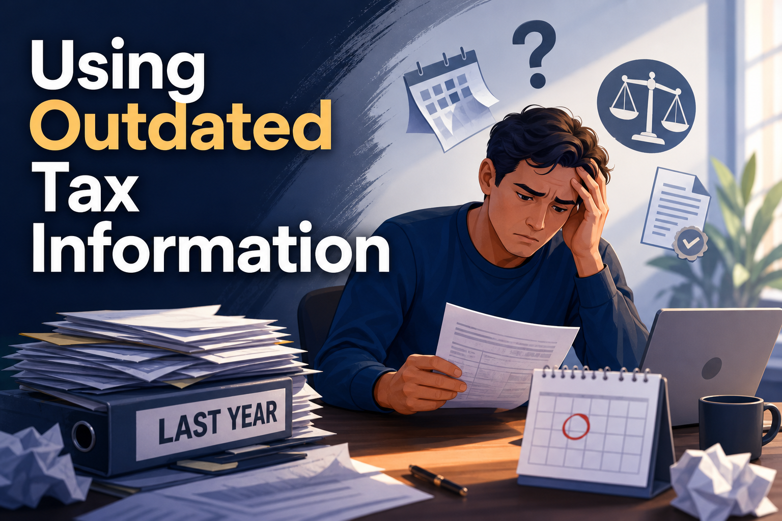 A young man sits at a desk, looking stressed while holding tax documents. There are stacks of papers labeled "LAST YEAR," a calendar, a laptop, and various icons like a question mark and scales in the background.
