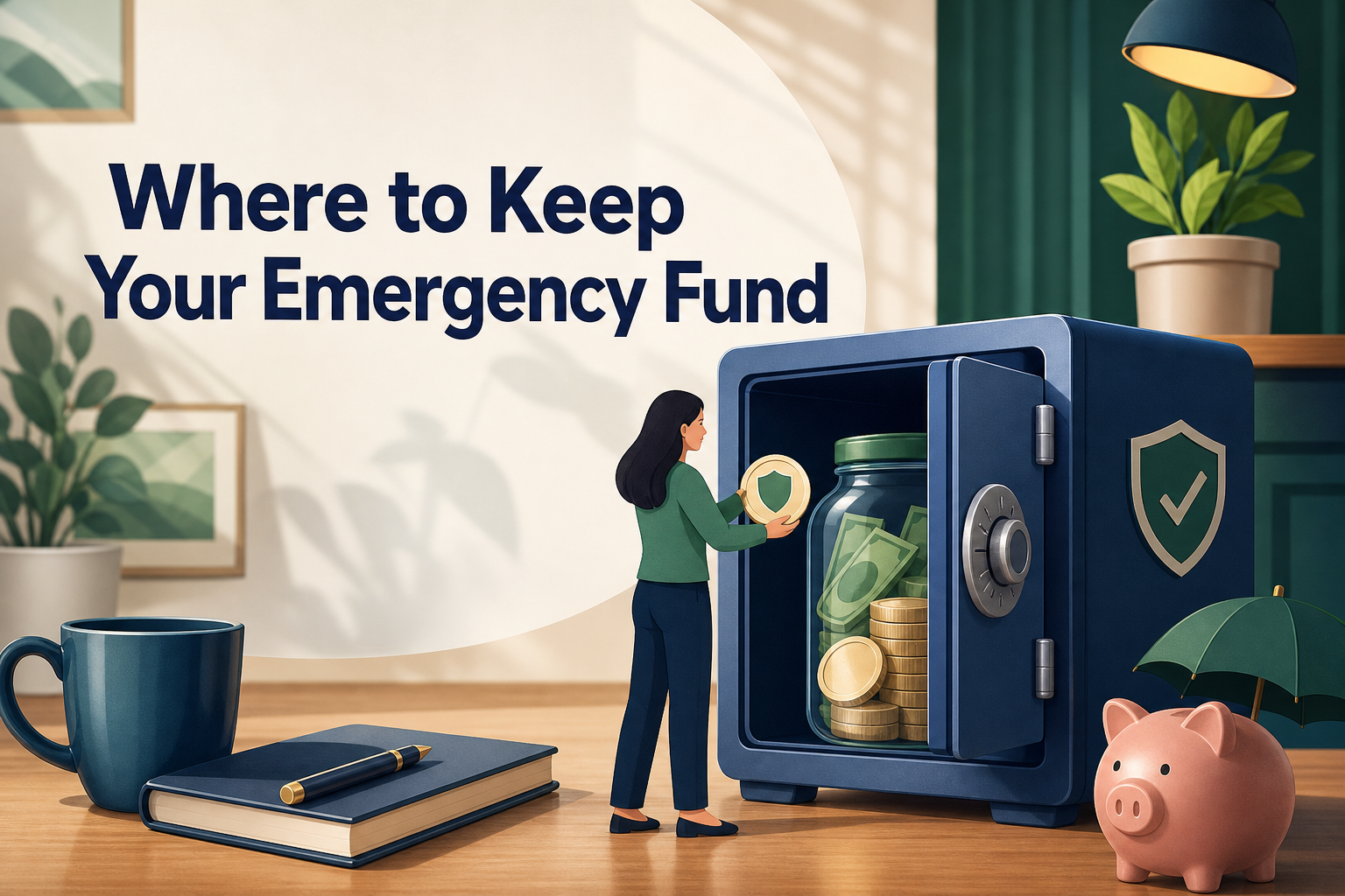 A woman is placing a coin into a blue safe, which contains a jar filled with cash and coins. Nearby, there is a blue mug, a notebook with a pen, a pink piggy bank, and a small green umbrella on a wooden table.