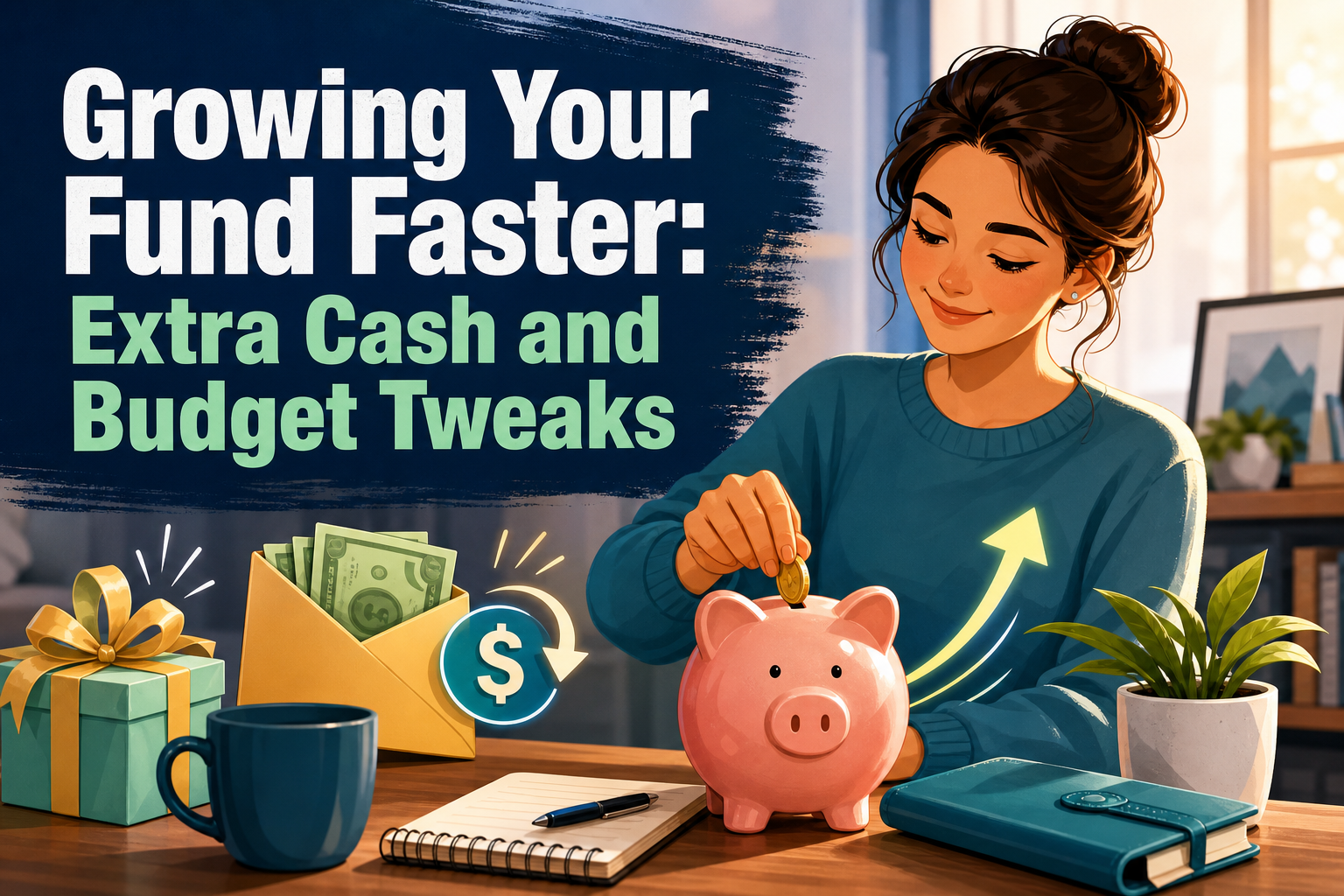 A young woman with a bun hairstyle is inserting a coin into a pink piggy bank on a wooden table. Nearby, there are a blue mug, a green gift box, an envelope with cash, a notebook, and a small potted plant.