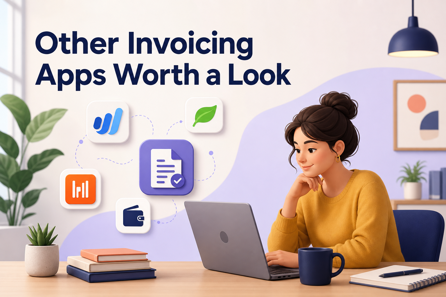 A woman with brown hair in a bun sits at a desk, focused on her laptop. Surrounding her are various app icons related to invoicing, with a plant and books on the desk.