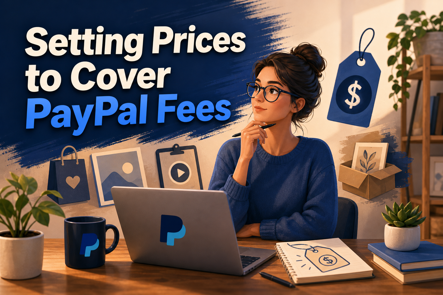 A woman with glasses sits at a desk, pondering while holding a pen, with a laptop displaying the PayPal logo in front of her. The background features decorative items, including a plant, a coffee mug, and illustrations related to pricing and fees.