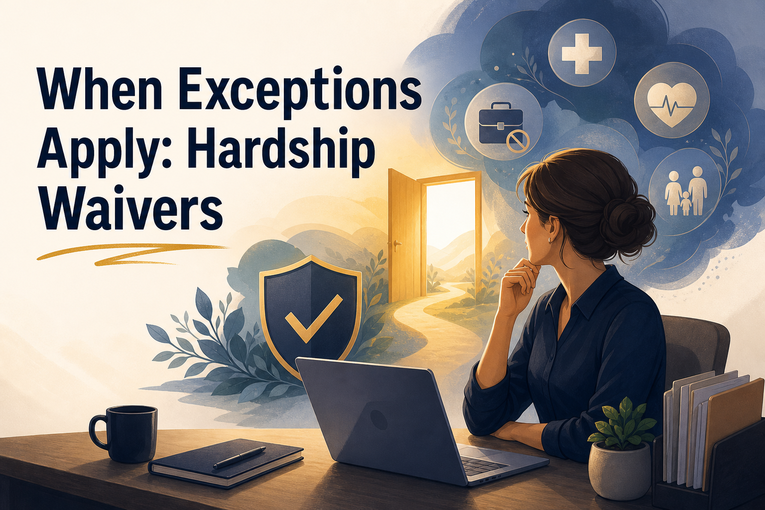 A woman sits at a desk with a laptop, looking towards an open door that leads to a pathway. Above her are icons representing health, family, and work, alongside the text "When Exceptions Apply: Hardship Waivers.