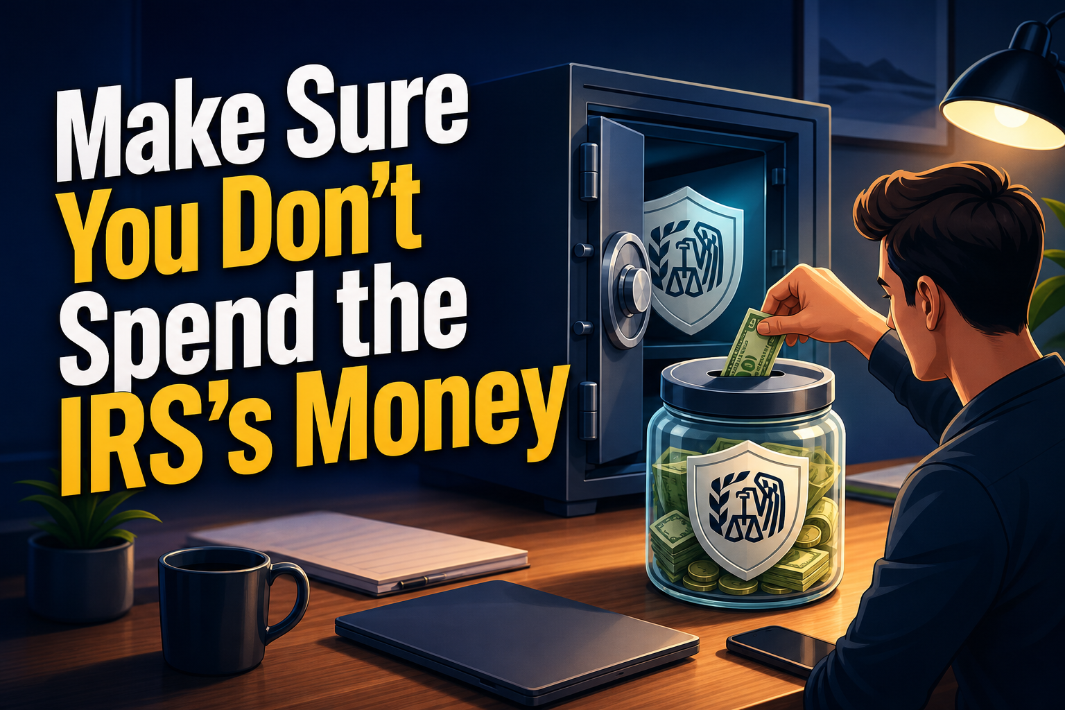 A man is placing a dollar bill into a jar labeled with the IRS logo, while a safe is open in the background. The scene is set on a desk with a coffee mug, a notebook, and a smartphone.