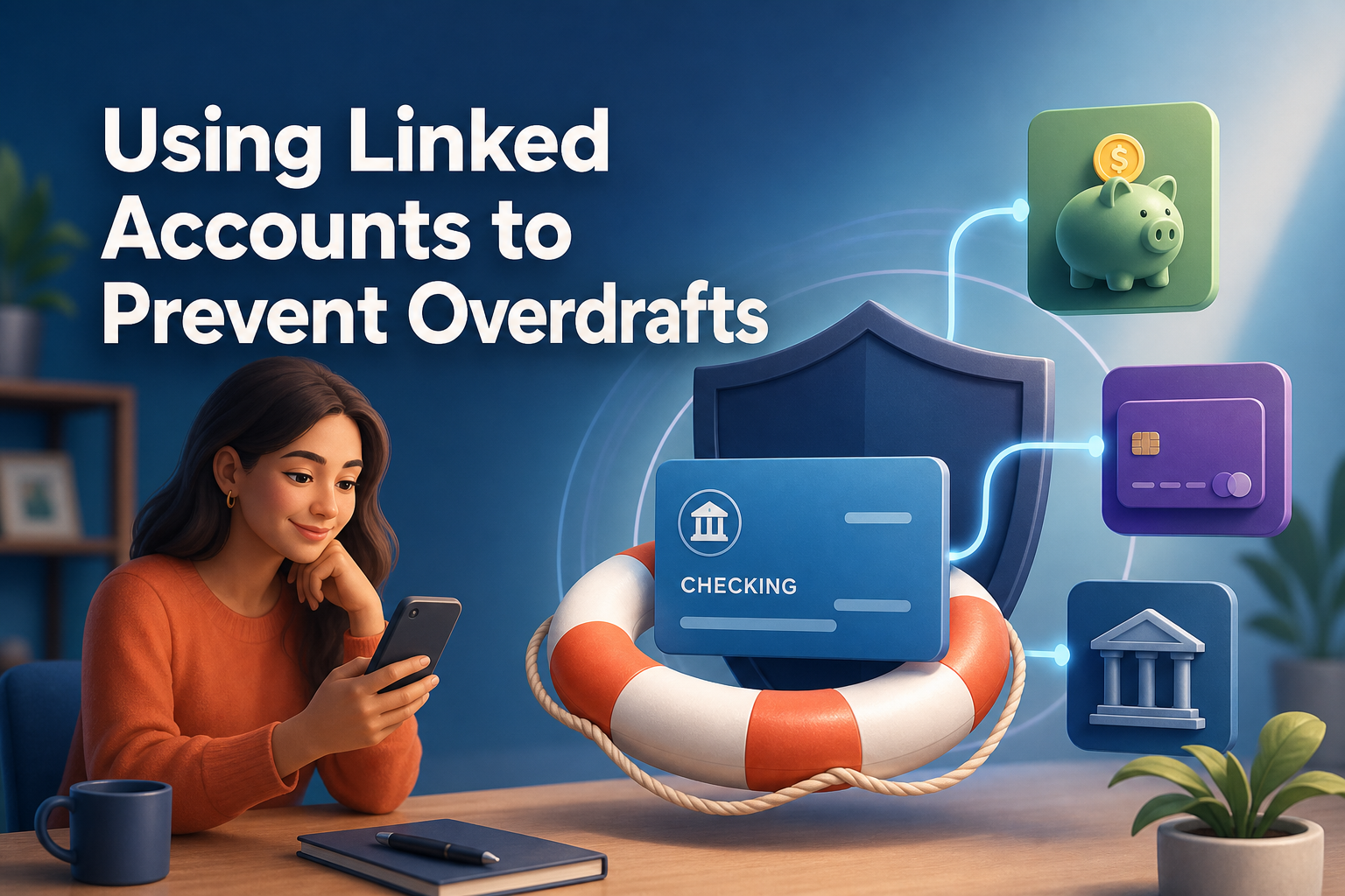 A young woman with long hair sits at a table, looking at her smartphone. Surrounding her are illustrations of bank cards, a piggy bank, and a life preserver, with text that reads "Using Linked Accounts to Prevent Overdrafts.