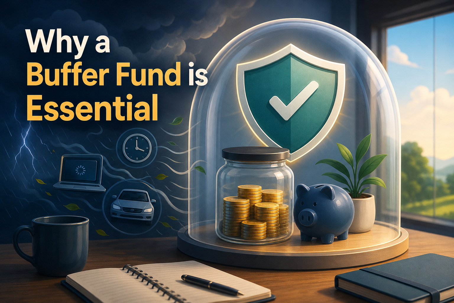 A glass dome contains a shield symbol with a checkmark, a jar filled with coins, and a blue piggy bank.