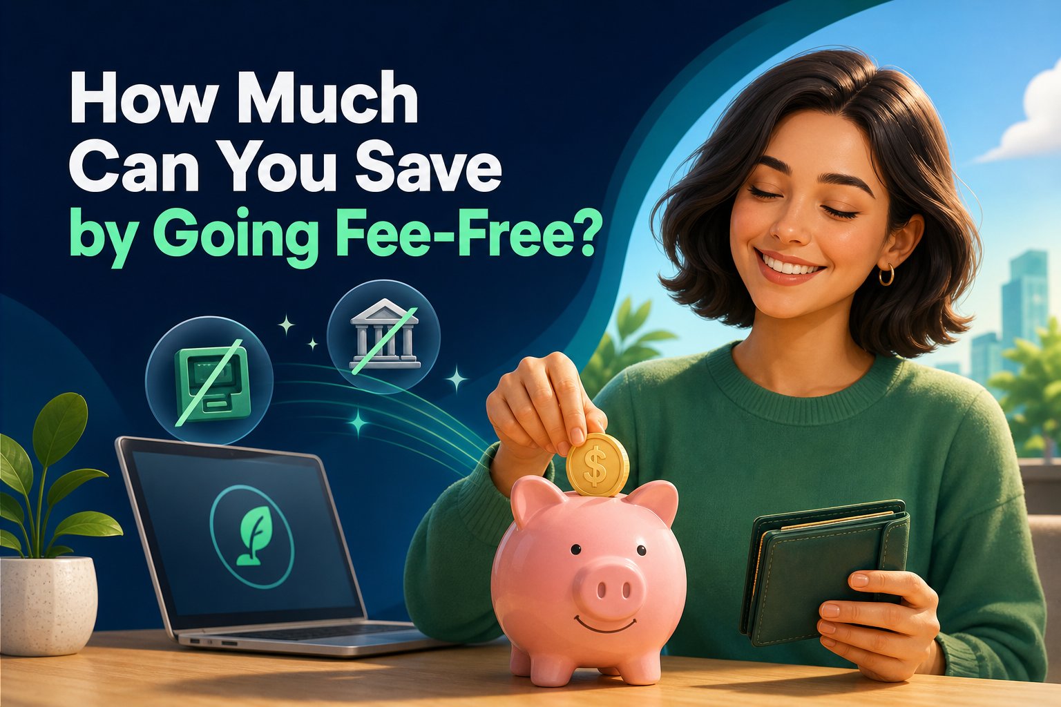 A woman with shoulder-length brown hair smiles as she drops a gold coin into a pink piggy bank. In the background, there are icons representing financial services and a laptop on a wooden table, with a plant nearby.