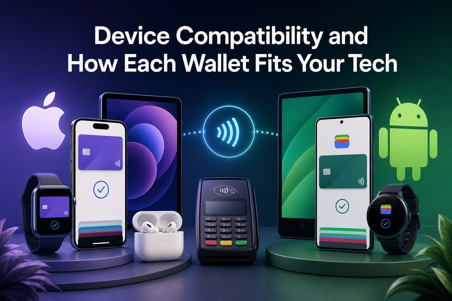 The image displays various devices, including an iPhone, Apple Watch, AirPods, and Android smartphone, alongside a payment terminal. Text above reads "Device Compatibility and How Each Wallet Fits Your Tech," with a gradient background.