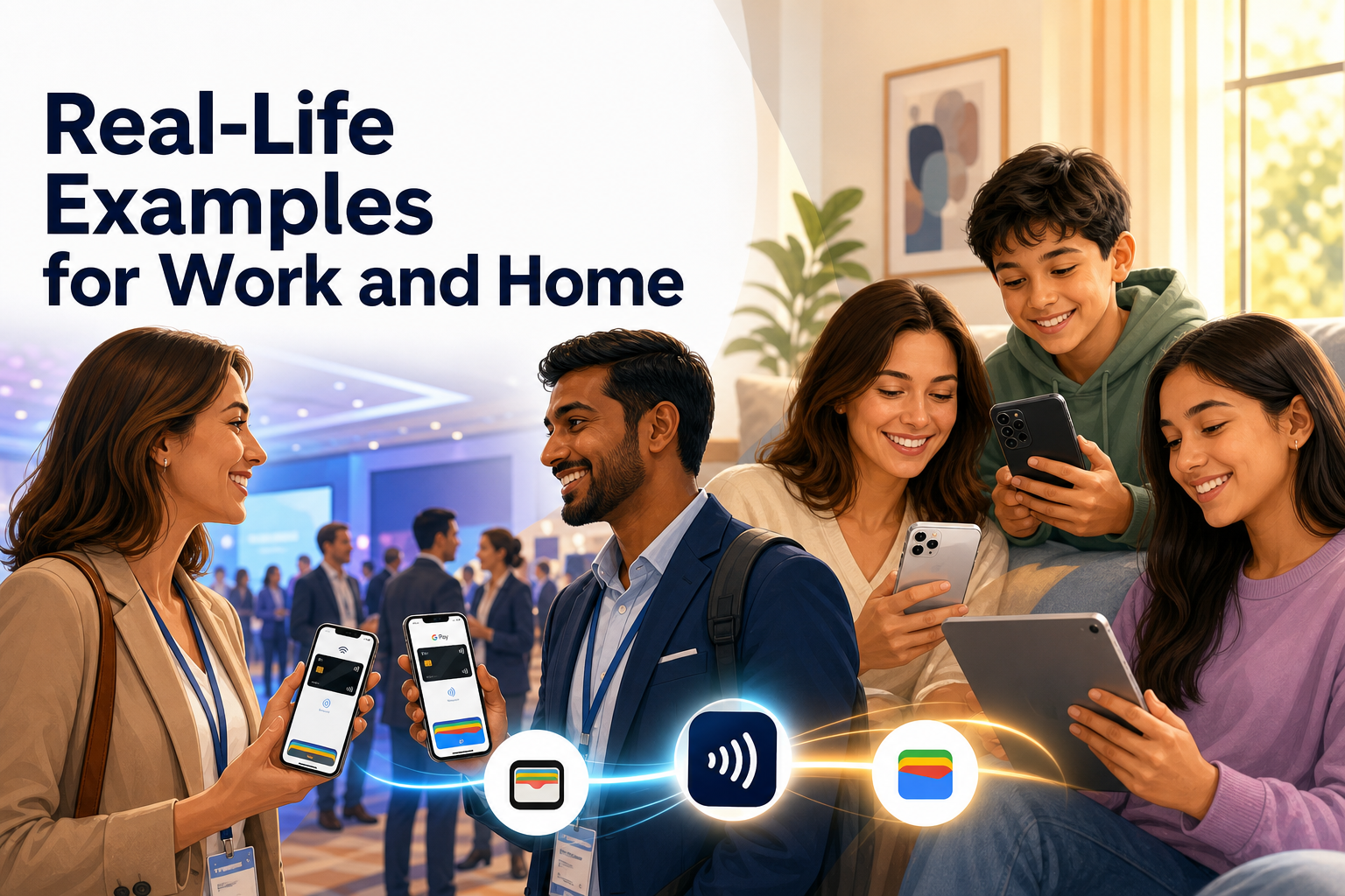The image features a diverse group of people engaging with mobile devices in a modern setting. A woman shows her phone to a man, while a girl and a boy smile at their screens, surrounded by a bright, inviting environment.