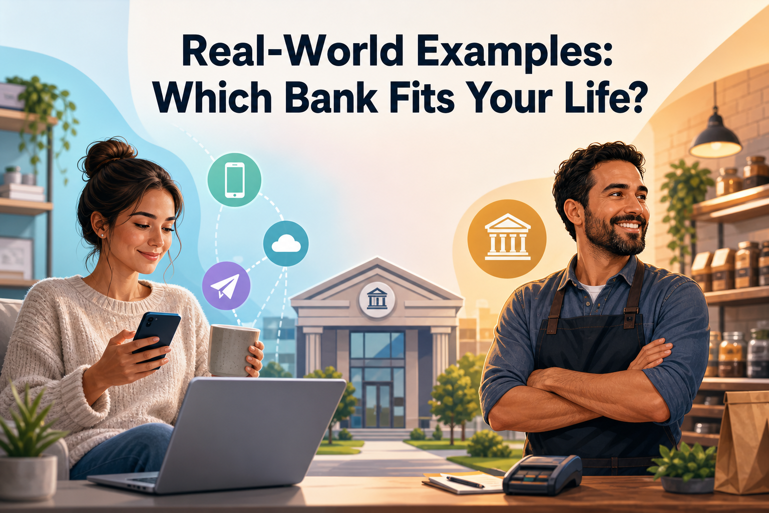 A young woman sits on a couch, holding a smartphone and a cup, with a laptop in front of her. A smiling man in an apron stands nearby, and a bank building is visible in the background, accompanied by various icons representing banking services.