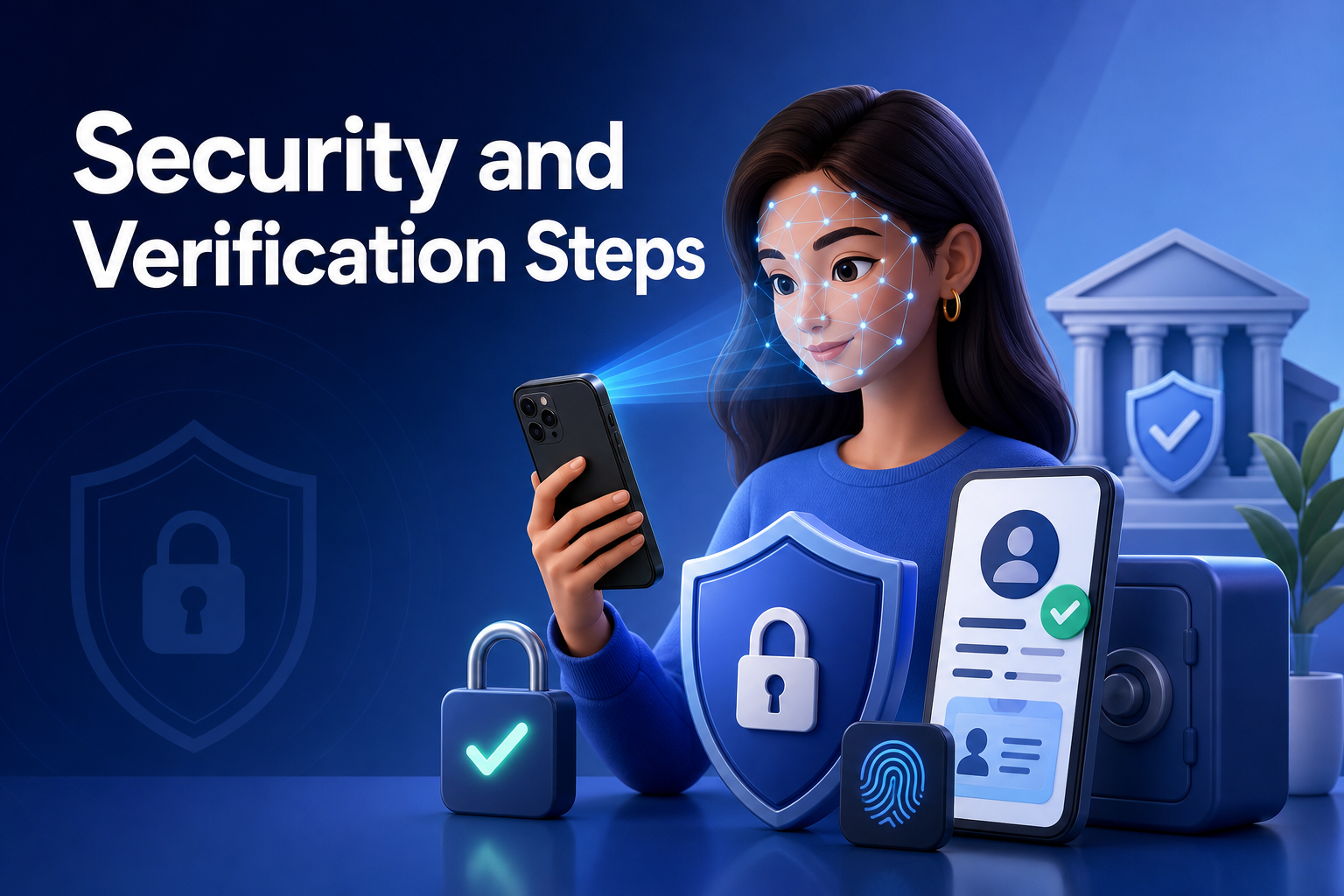 A young woman with long hair is holding a smartphone, with a digital facial recognition overlay. Surrounding her are security icons, including a shield, a fingerprint, and a locked padlock, against a blue background featuring a building.