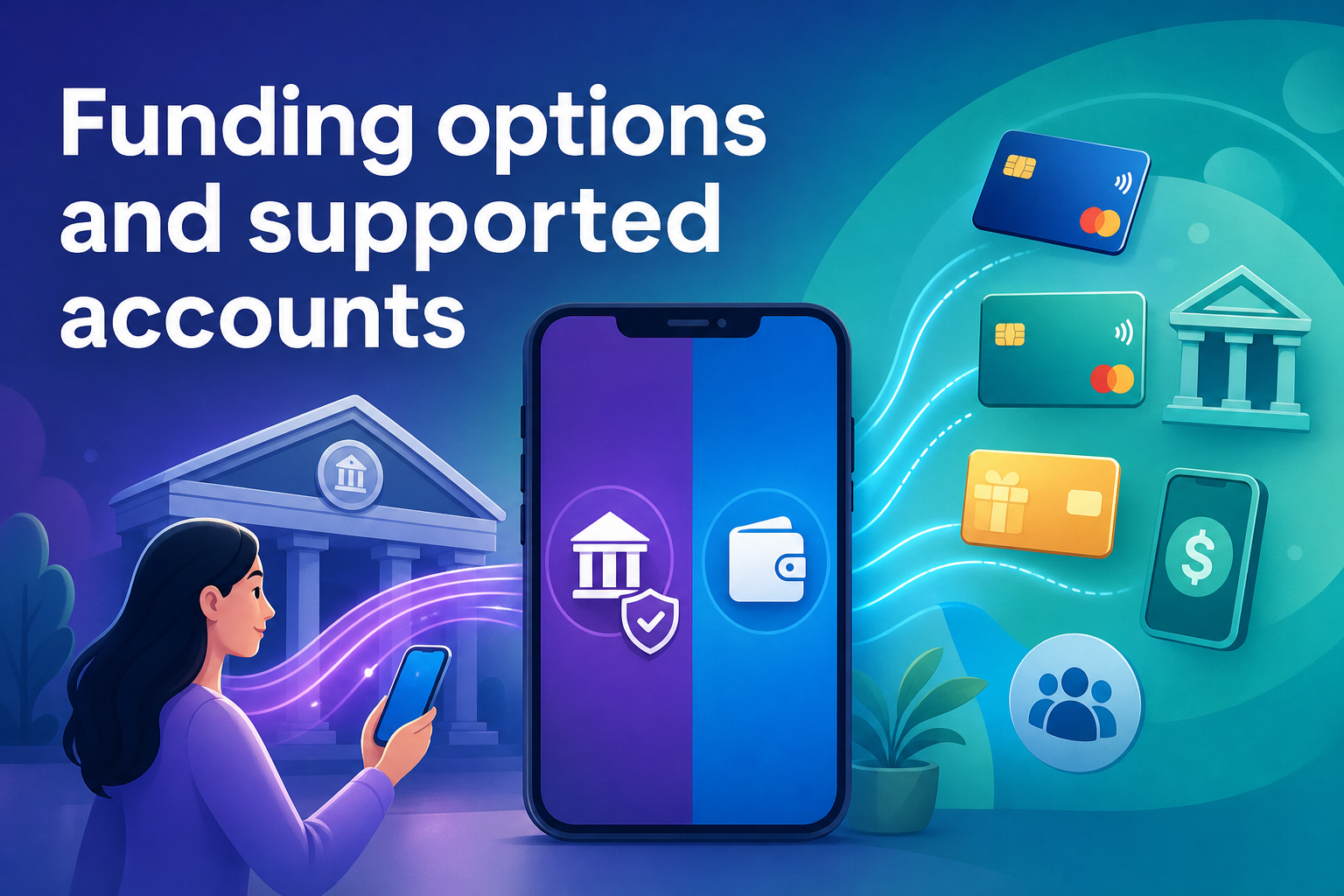 A person with long dark hair is holding a smartphone, looking at it. The background features a bank building and various payment cards, with text that reads "Funding options and supported accounts.