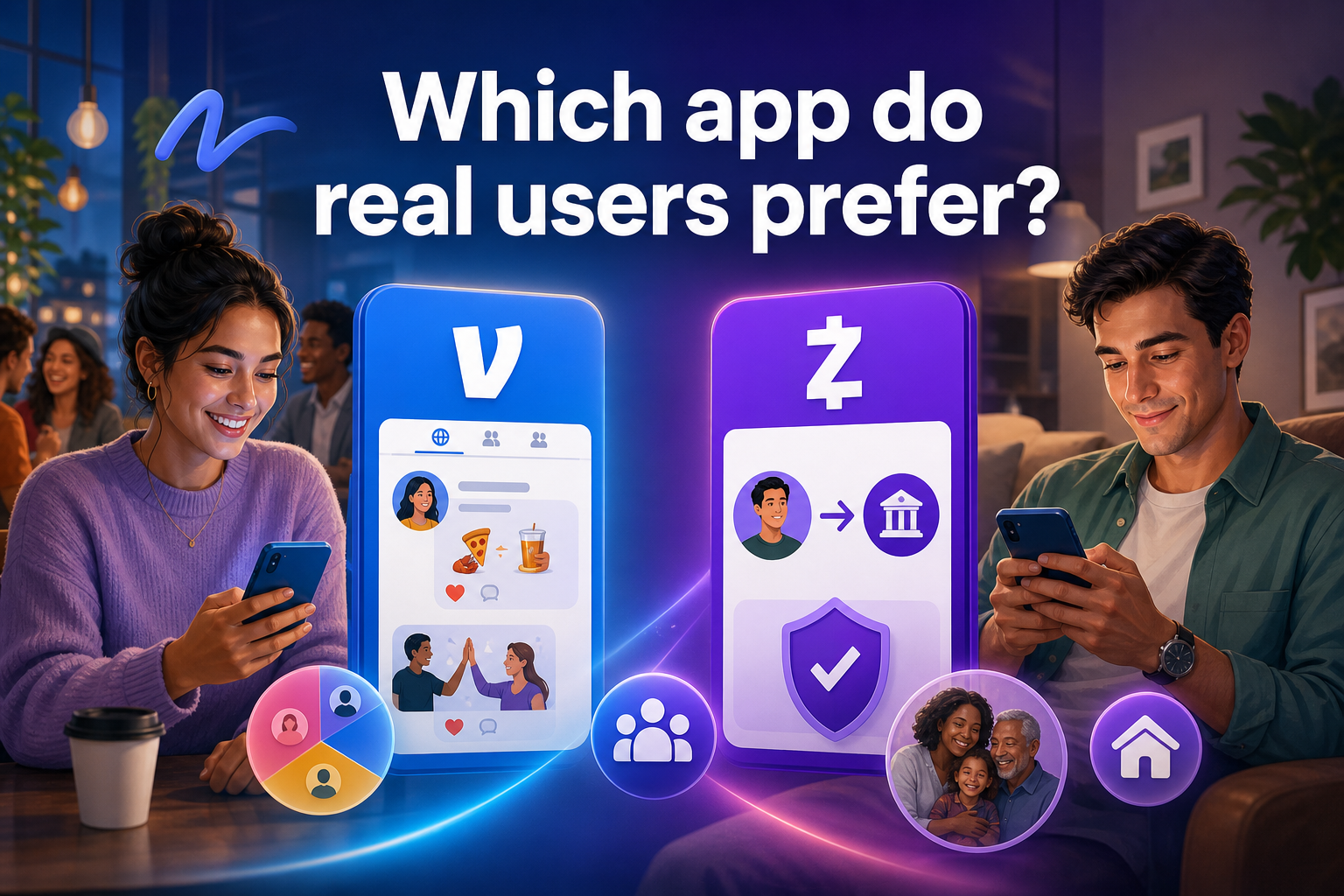 A woman in a purple sweater smiles while using a blue smartphone, and a man in a green shirt looks at a phone in a cozy setting. Two app icons are displayed, labeled "V" and "Z," with visual elements representing social interaction and banking.