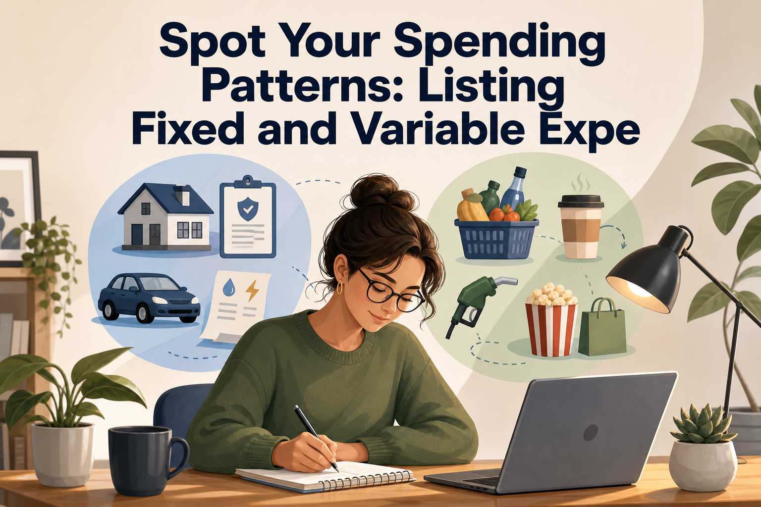 A young woman with glasses sits at a desk, writing in a notebook next to a laptop. Surrounding her are illustrations of fixed and variable expenses, including a house, a car, groceries, and coffee.