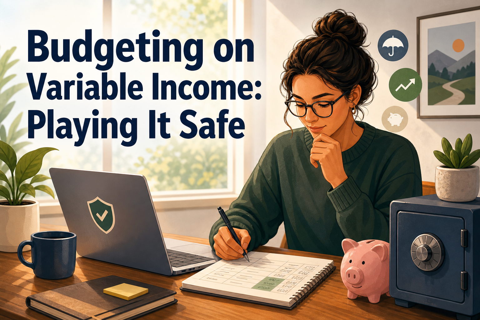 A woman with curly hair and glasses sits at a wooden desk, writing in a notebook. A laptop, a blue mug, a piggy bank, and a safe are visible on the desk, alongside a small plant and a calendar with budget notes.
