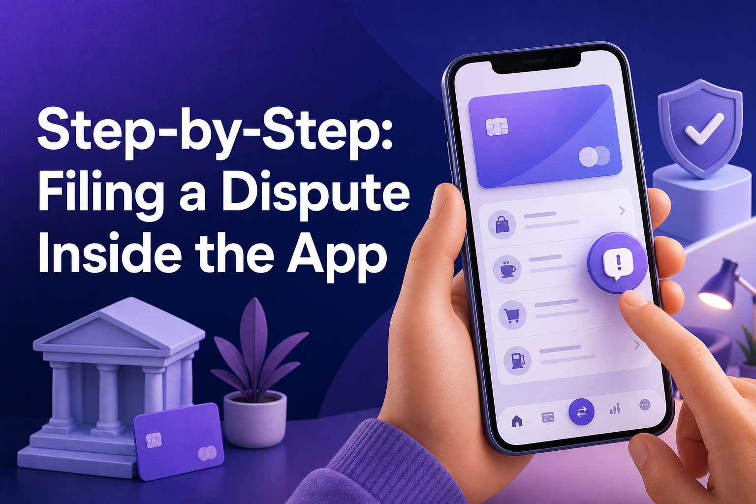 A hand holds a smartphone displaying an app interface with a list of options and a notification button. In the background, there are stylized representations of a courthouse, a credit card, and a plant.
