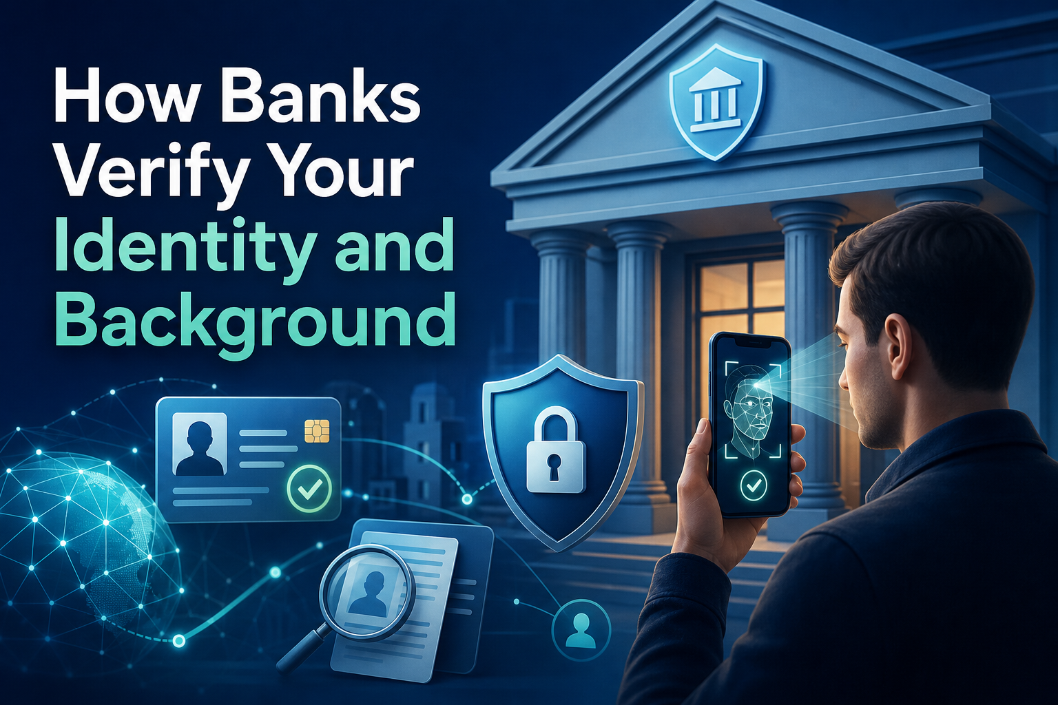 A man stands in front of a bank building, holding a smartphone that displays a facial recognition feature. Surrounding him are icons representing identity verification, including an ID card, a lock, and a magnifying glass.