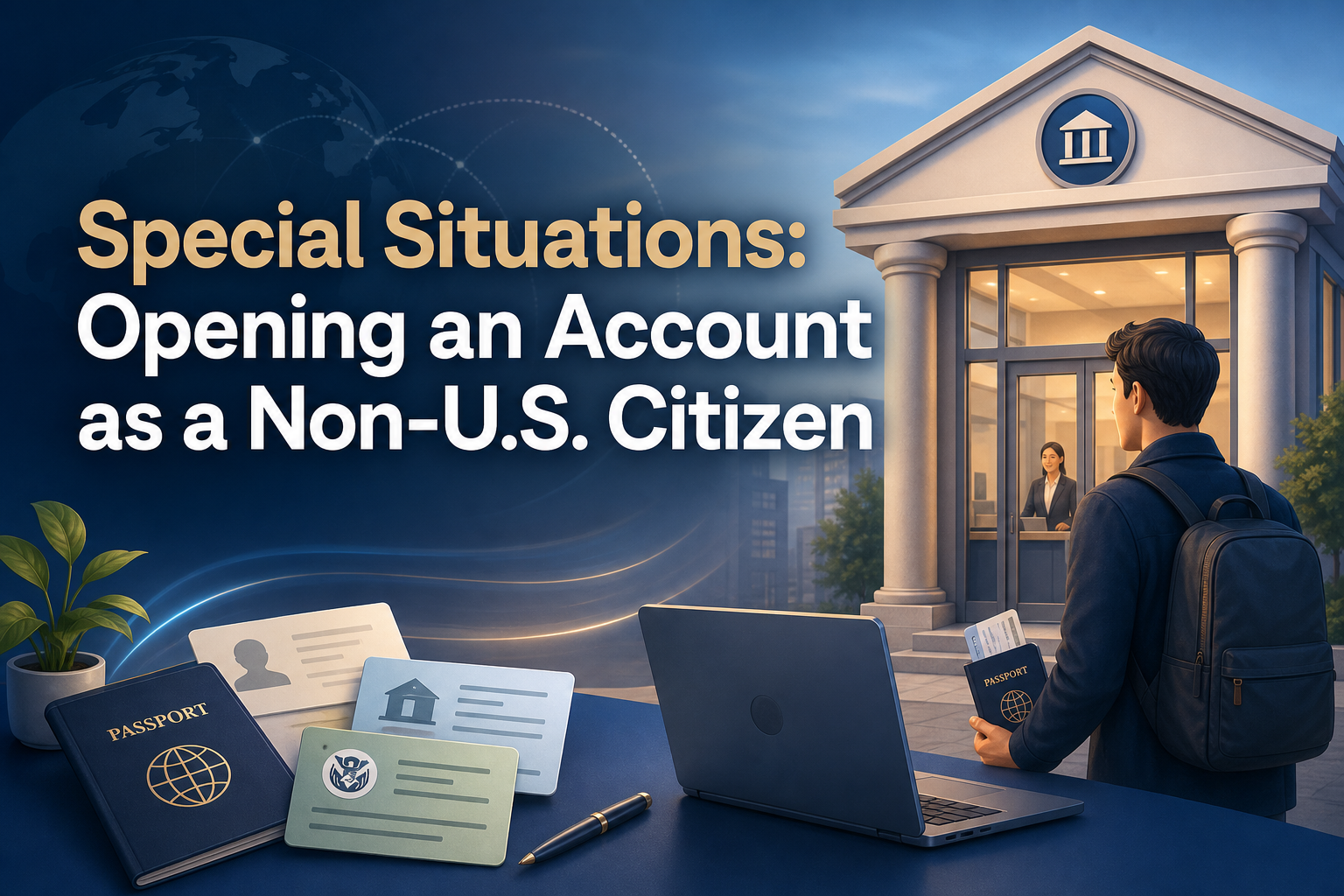 A man with a backpack stands outside a bank holding a passport and documents. A woman is visible inside the bank, and various identification cards and a laptop are on a table in the foreground.