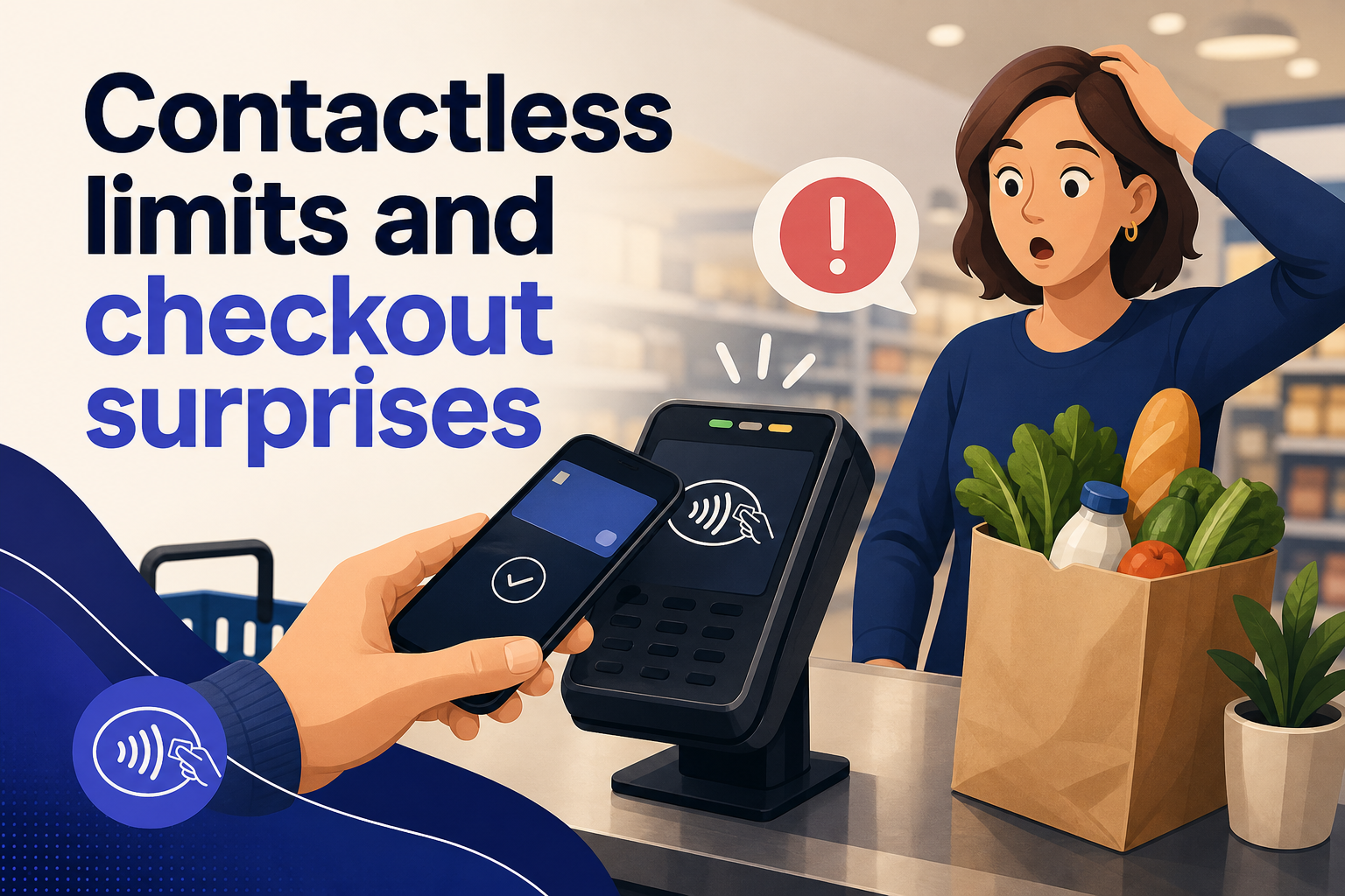 A person is surprised while holding a smartphone near a contactless payment terminal. A bag of groceries, including vegetables and a bottle, is on the counter, and an exclamation mark appears above the terminal.