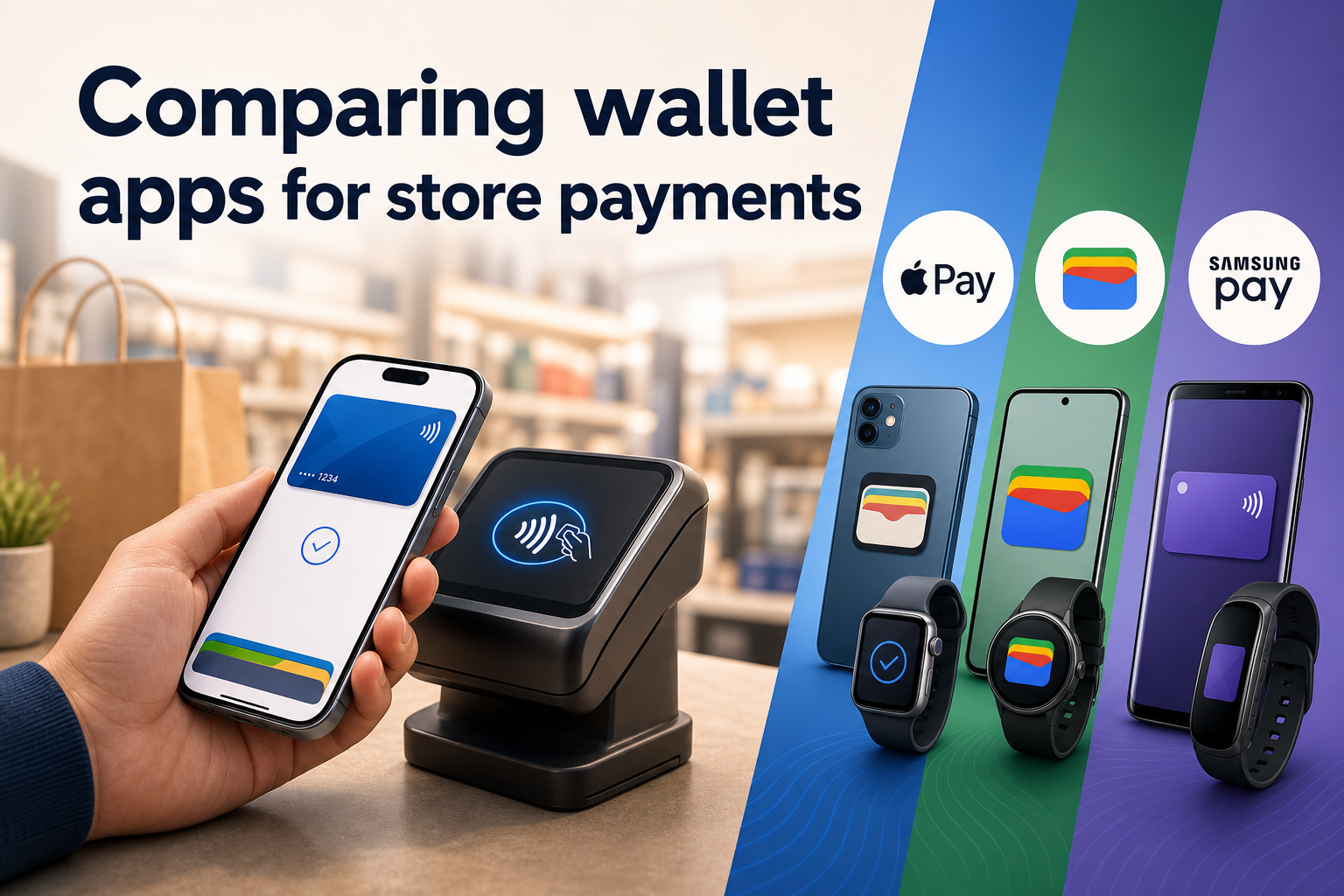 A person holds a smartphone displaying a digital wallet app near a contactless payment terminal.