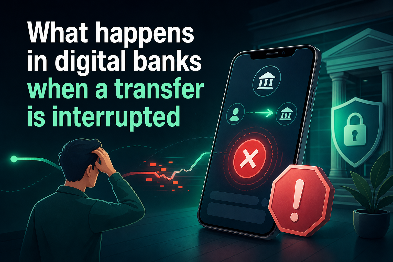 The image features a smartphone displaying a digital banking interface with a red error symbol and an exclamation mark. A person stands nearby, looking confused, with a faint graph line suggesting a disrupted transfer in the background.