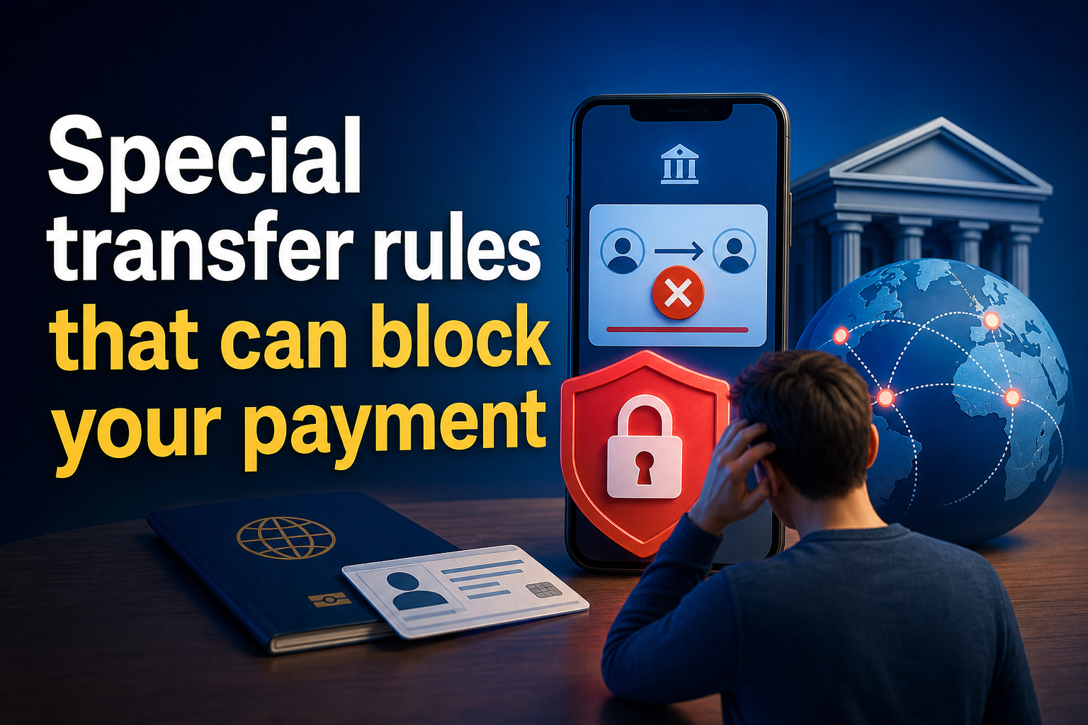 A person is sitting at a table, looking at a smartphone displaying a blocked payment symbol. Nearby, there are a passport and an ID card, along with a globe showing network connections, all set against a dark background.