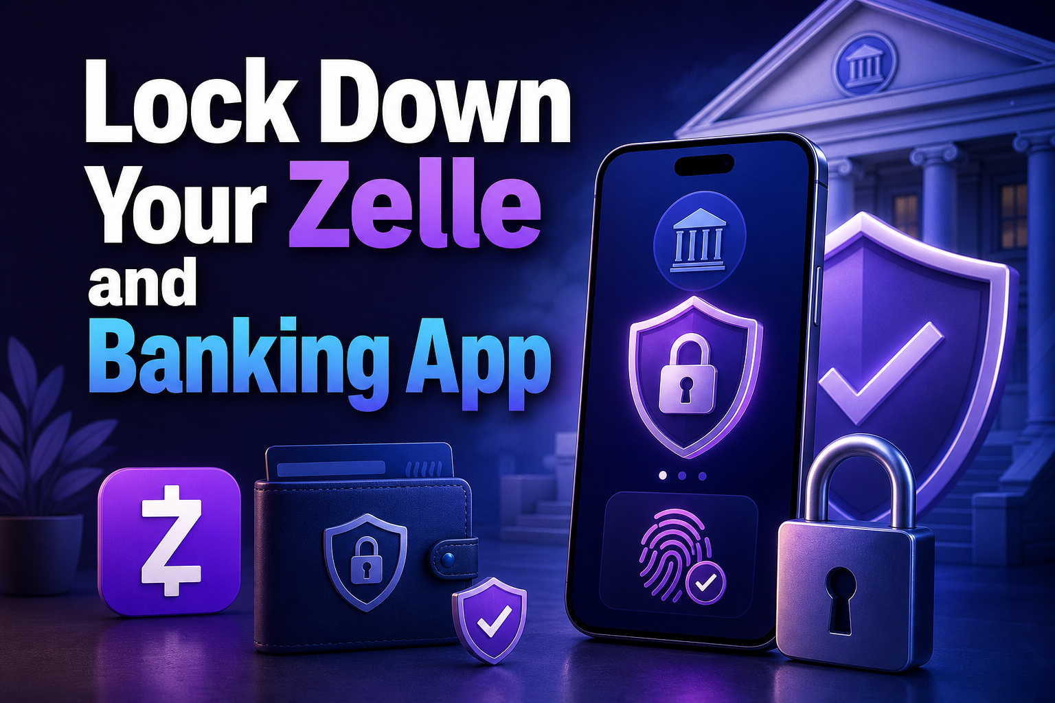 The image features a smartphone displaying banking app icons, including a lock symbol and fingerprint, alongside a wallet and security shields. The background includes a stylized bank building, all in dark tones with vibrant purple highlights.