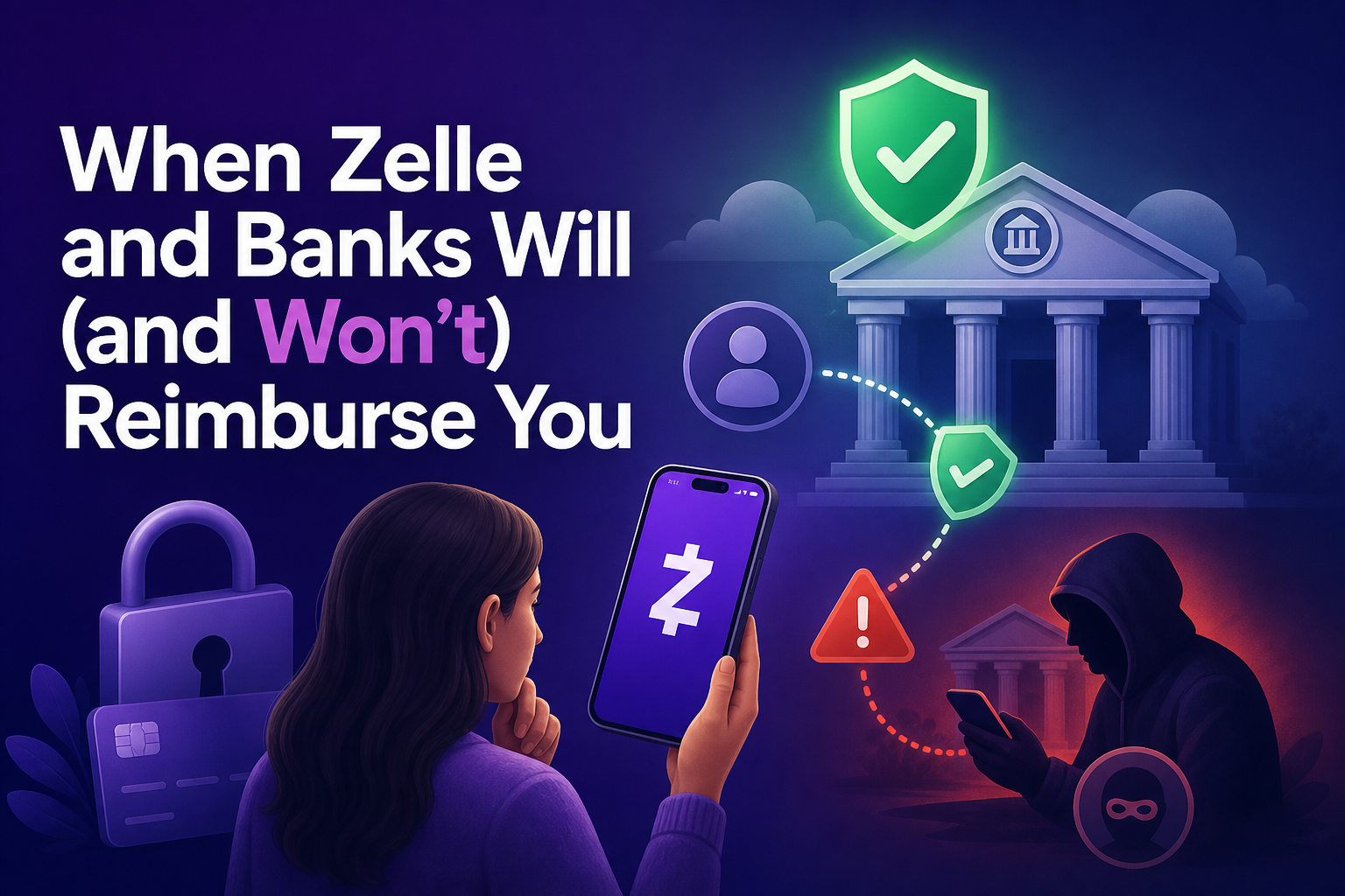 A woman holds a smartphone displaying a Zelle logo, surrounded by icons representing security, a bank, and a warning symbol. The background features a dark gradient with illustrations of a bank building and a hooded figure using a phone.