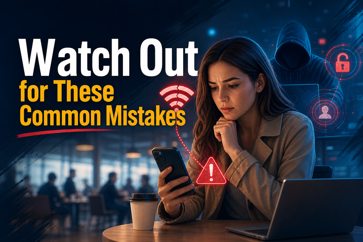 A concerned woman is looking at her smartphone in a café, with a laptop nearby. The background features a hooded figure and digital icons indicating security alerts and warnings.
