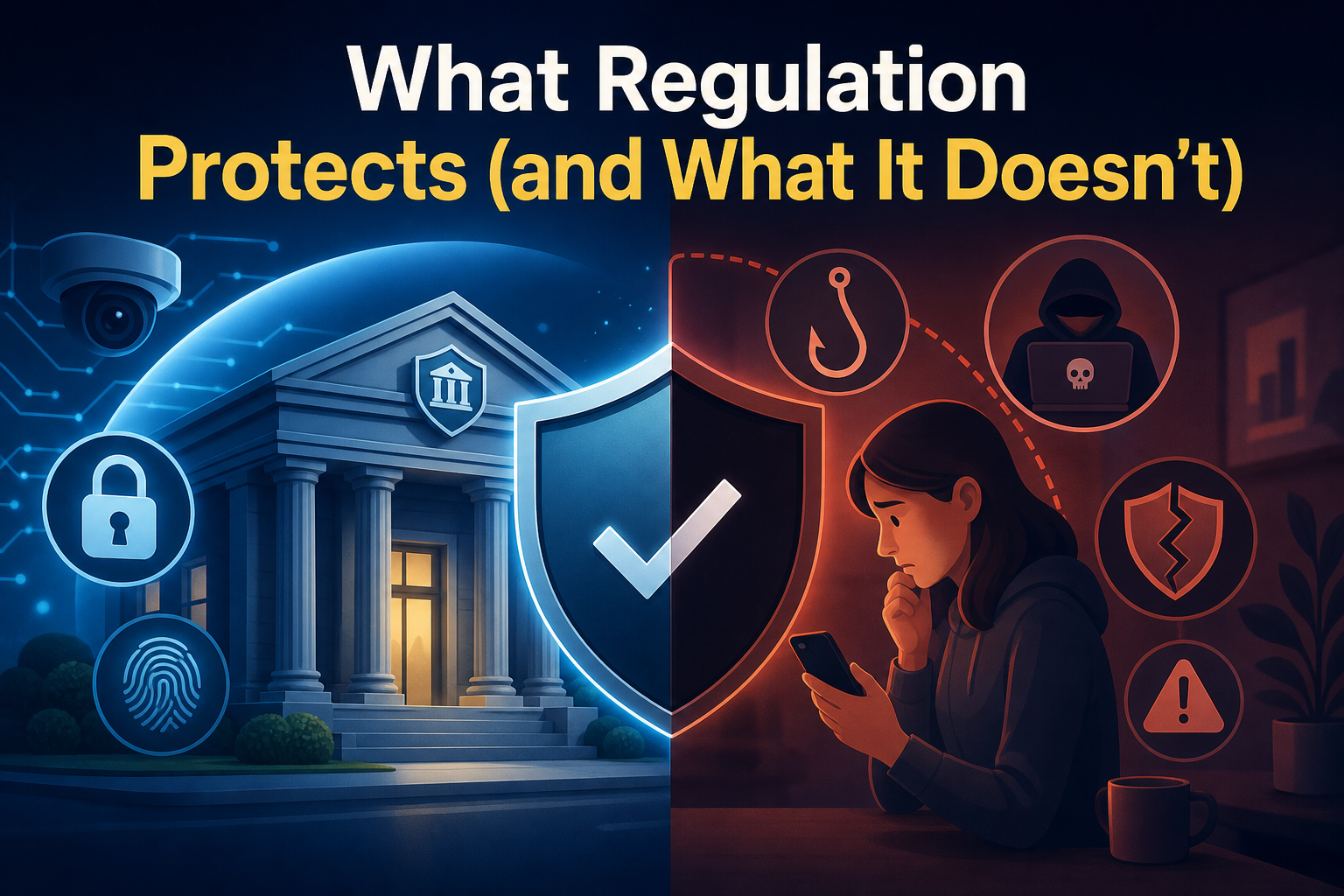 The image is split into two halves. The left side features a secure bank building with symbols of protection, while the right side shows a worried person on a phone, surrounded by icons representing online threats.