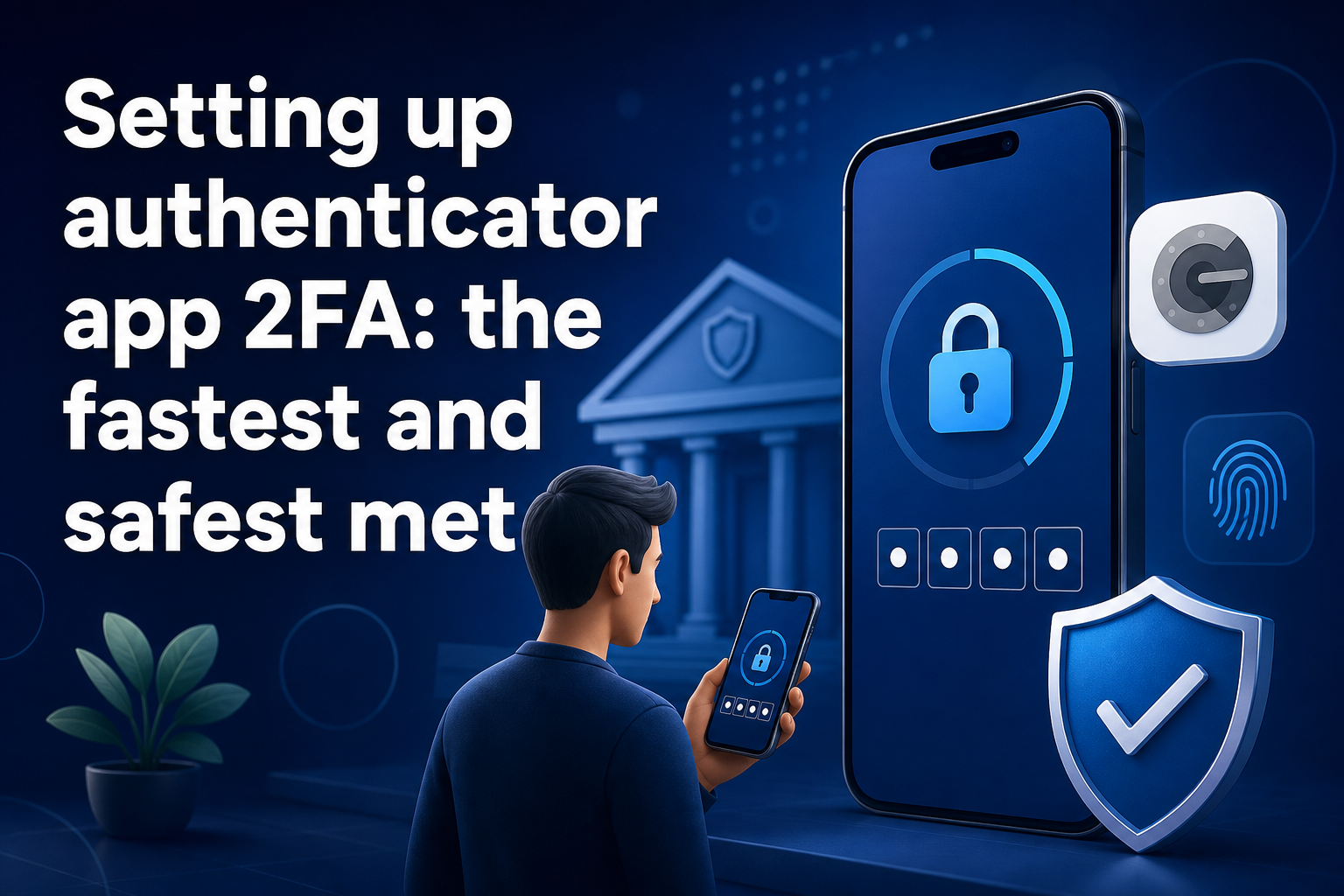 A person stands holding a smartphone, looking at a larger phone display showing a padlock and security icons. The background features a stylized building, and text reads, "Setting up authenticator app 2FA: the fastest and safest method.