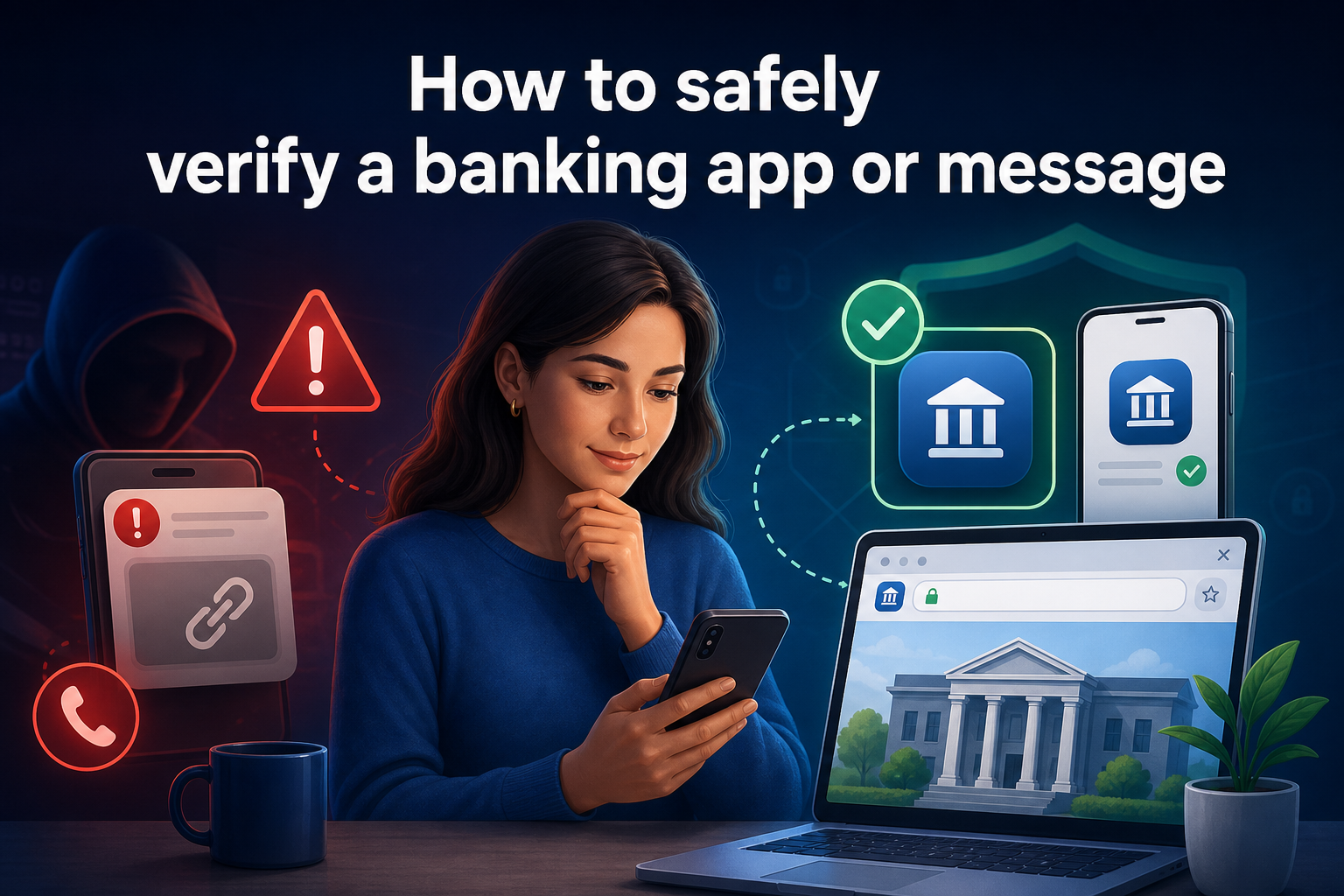 A woman with long dark hair is sitting at a desk, looking at her smartphone. In the background, there are warning symbols, a laptop displaying a bank building, and icons indicating secure banking apps.