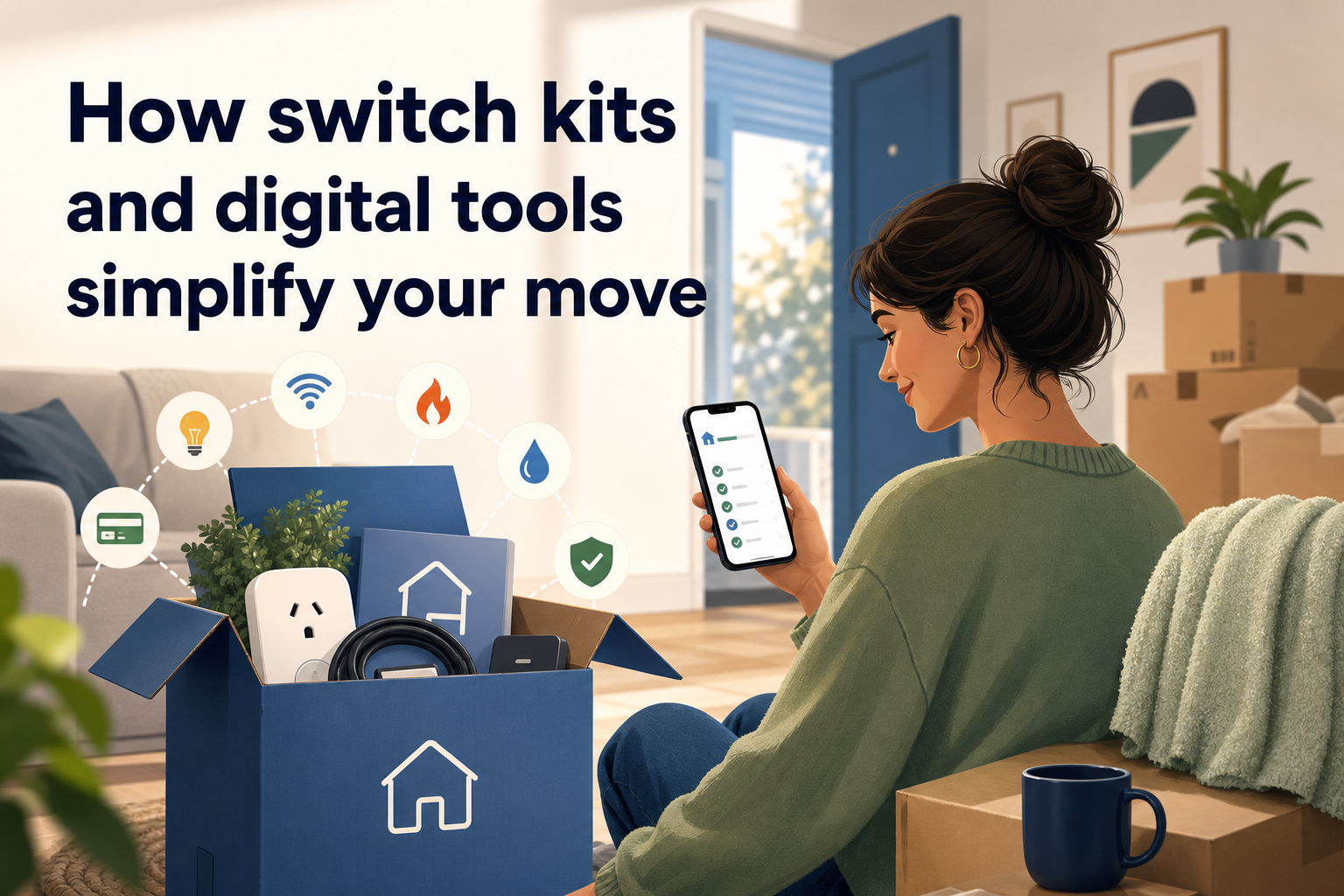 A woman sits on the floor, looking at her phone with a smile, surrounded by moving boxes. Icons representing digital tools and services are displayed around a blue box, which contains various items related to moving.
