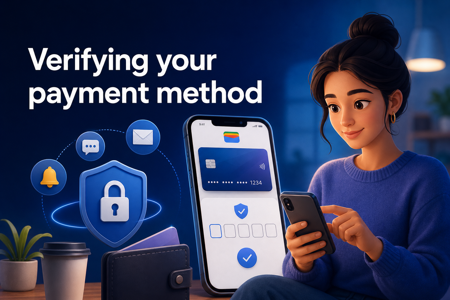 A young woman with dark hair in a bun is sitting at a table, holding a smartphone and smiling while looking at the screen. Next to her, there is a coffee cup, a wallet, and graphics of payment icons and a shield with a lock, indicating security.