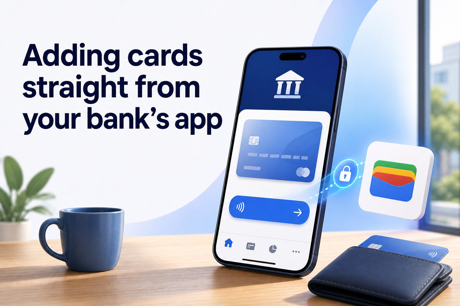 A smartphone displays a banking app interface with a card and a lock icon, indicating security. In the foreground, there is a blue coffee mug and a wallet containing cards, set on a wooden table.