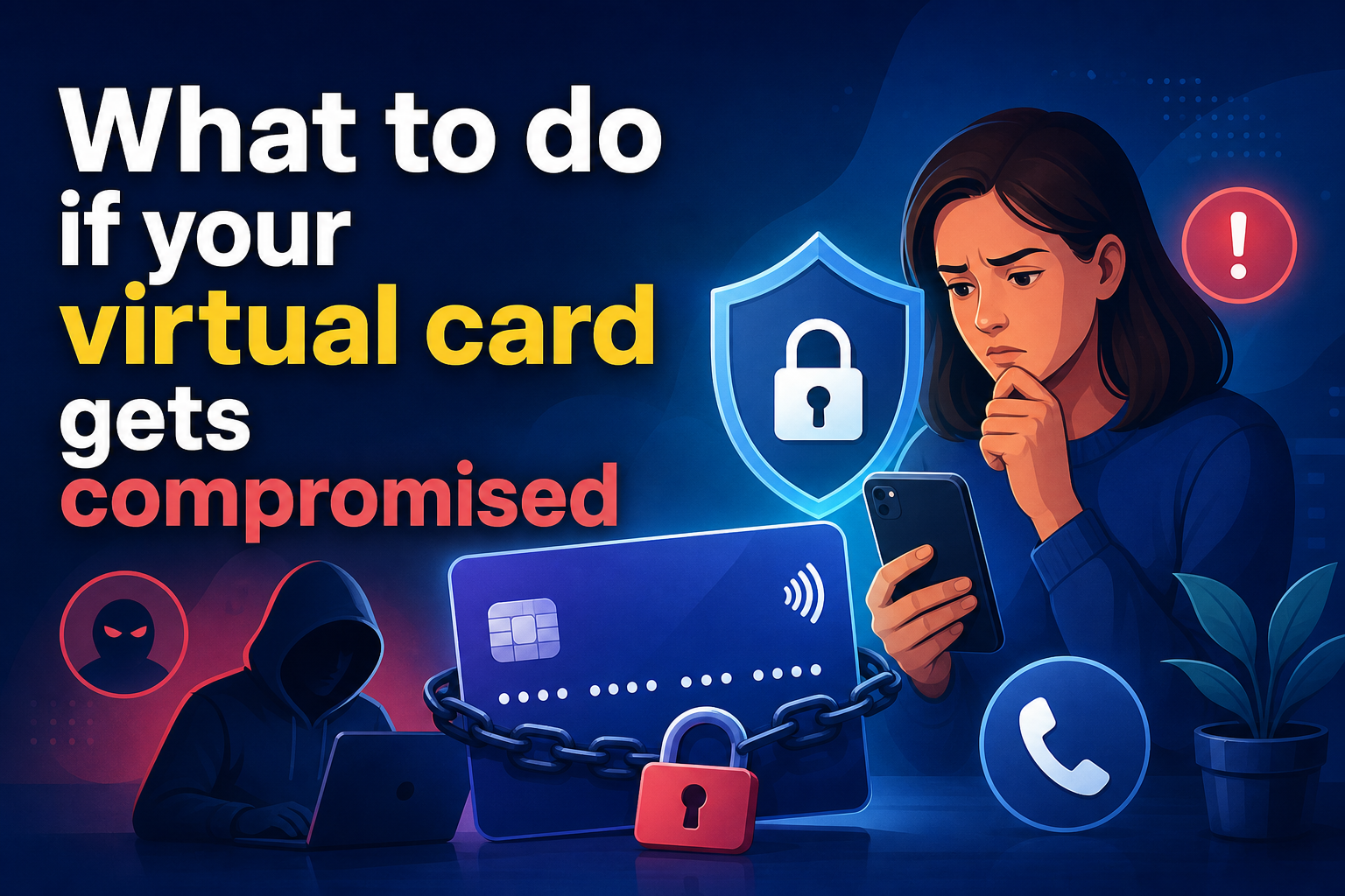 An illustration shows a concerned woman holding a smartphone, with a virtual card graphic locked by a chain. Background elements include a shield with a padlock and icons representing security and communication.
