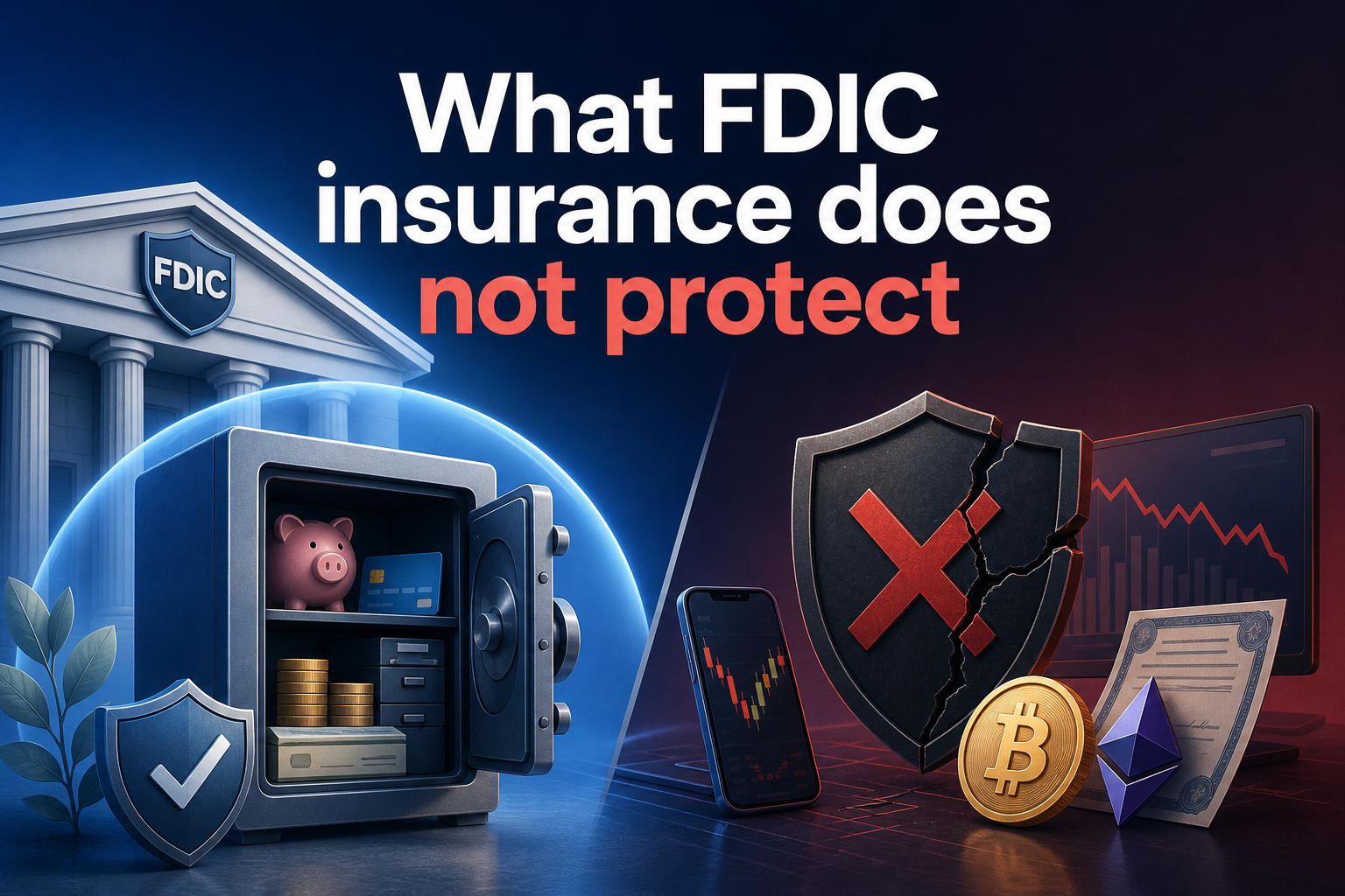 The image features a split design with a bank building on the left and a safe containing a piggy bank and cash.